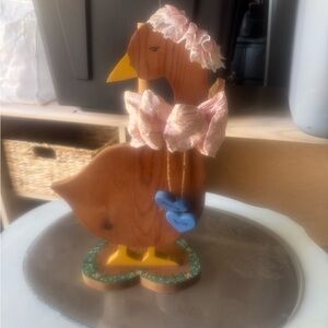 Wooden Goose Figurine with Pink and Blue Accents
